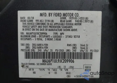 2018 Ford Ecosport Se из США, поврежденный, VIN MAJ6P1UL9JC209906